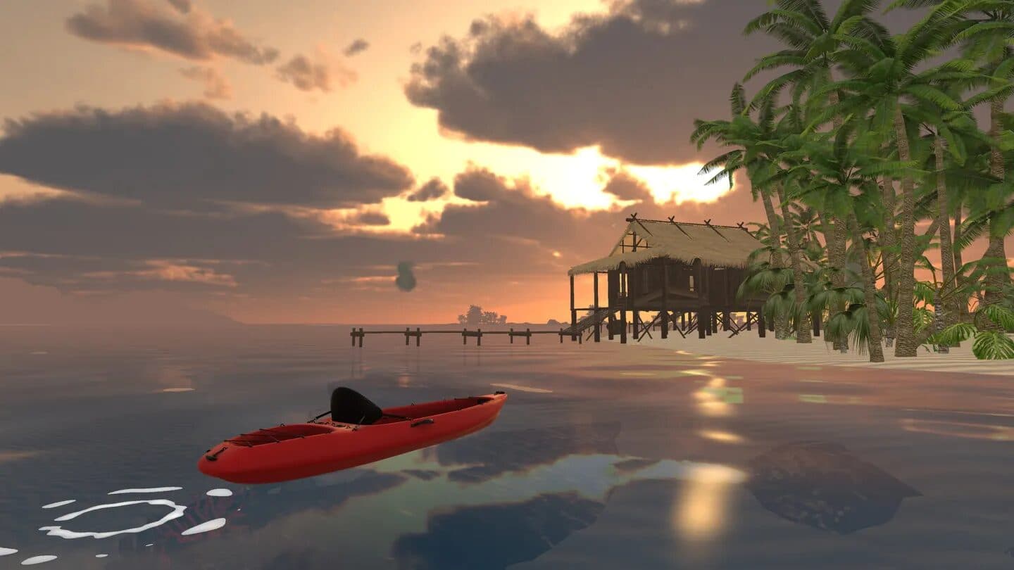 A red kayak beside a palm-fringed beach hut at sunset in MarineVerse Kayaking