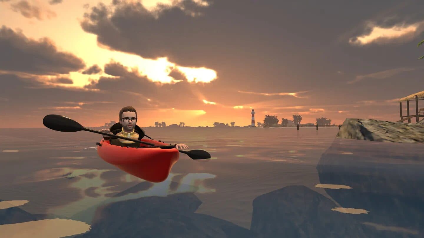 A paddler in a red kayak with a lighthouse on the horizon in MarineVerse Kayaking