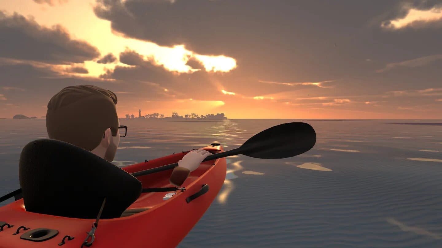 Paddling a red kayak towards a lighthouse island at sunset in MarineVerse Kayaking